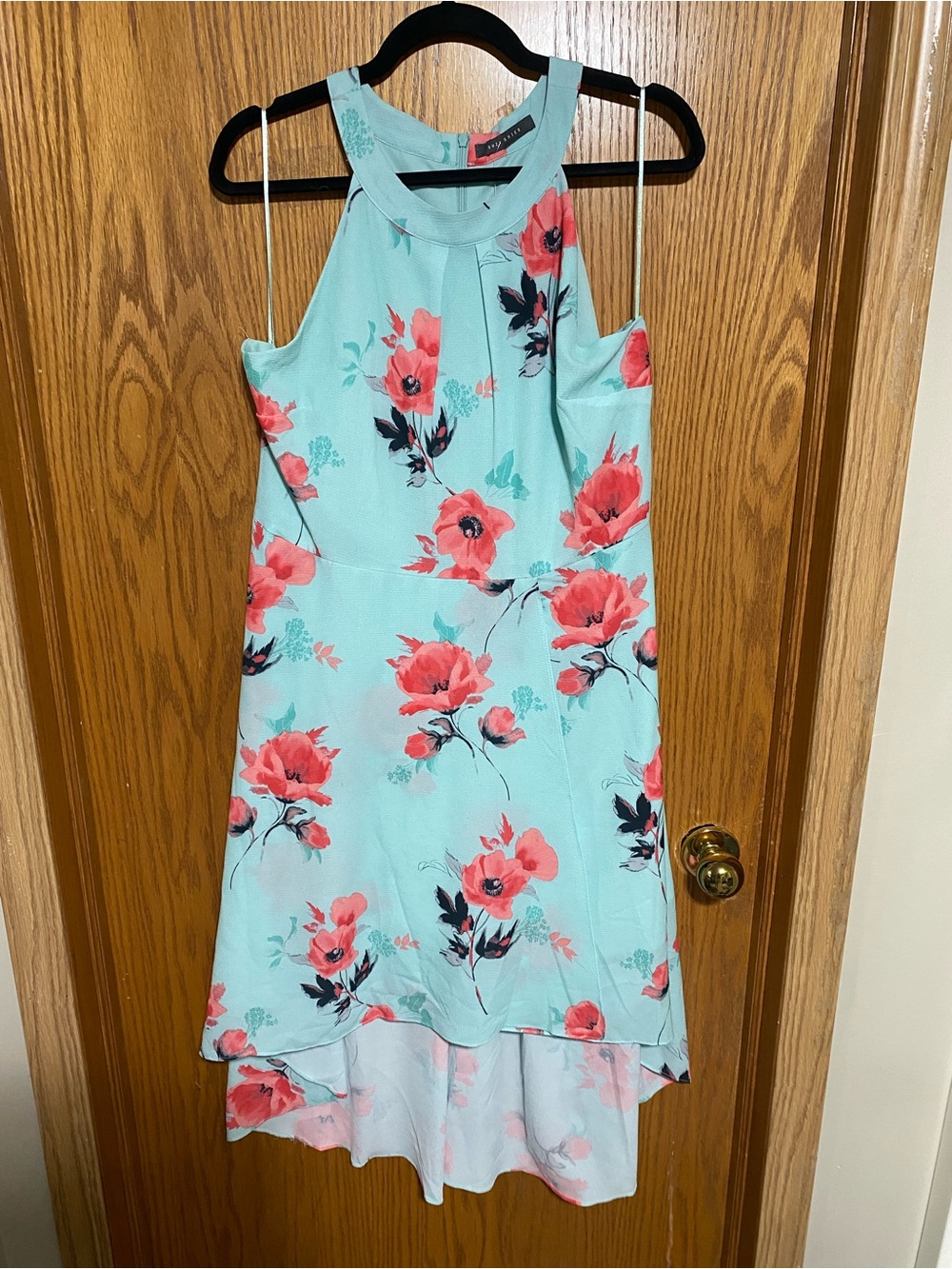 Floral High-Low Dress - Aqua with Coral Flowers
